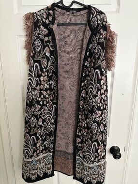 Mia Stella Paisley Flora Knit Vest Cardigan Fringe Sequin Boho S Made in Italy